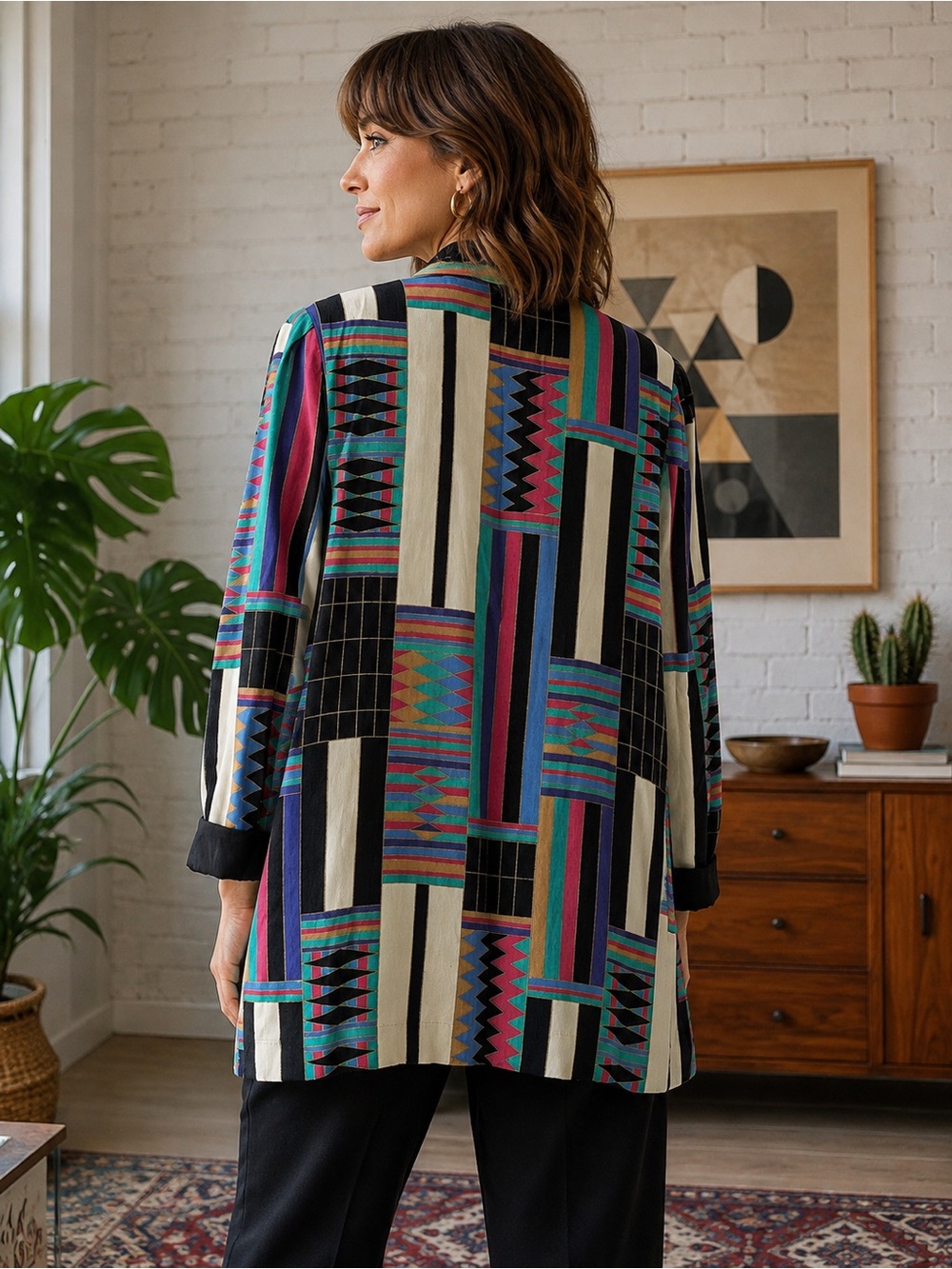 Vintage Periwinkle Geometric Abstract Print Shoulder Pad Statement Blazer